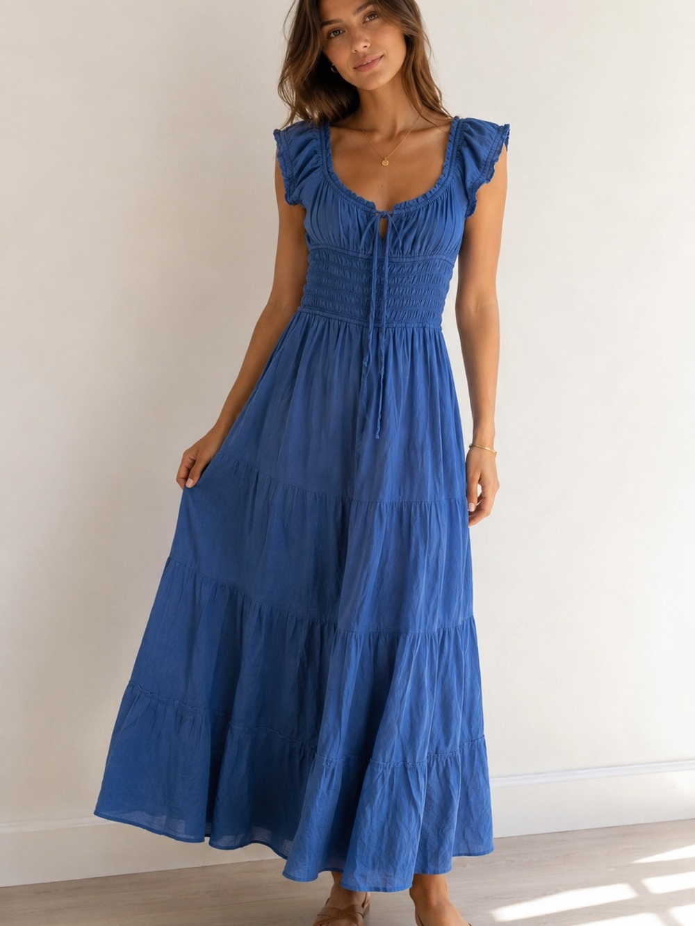 sim & sam blue cotton smocked tiered maxi dress size medium new with tags
